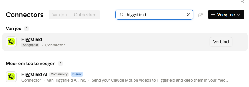 Higgsfield in de connectorlijst van Claude