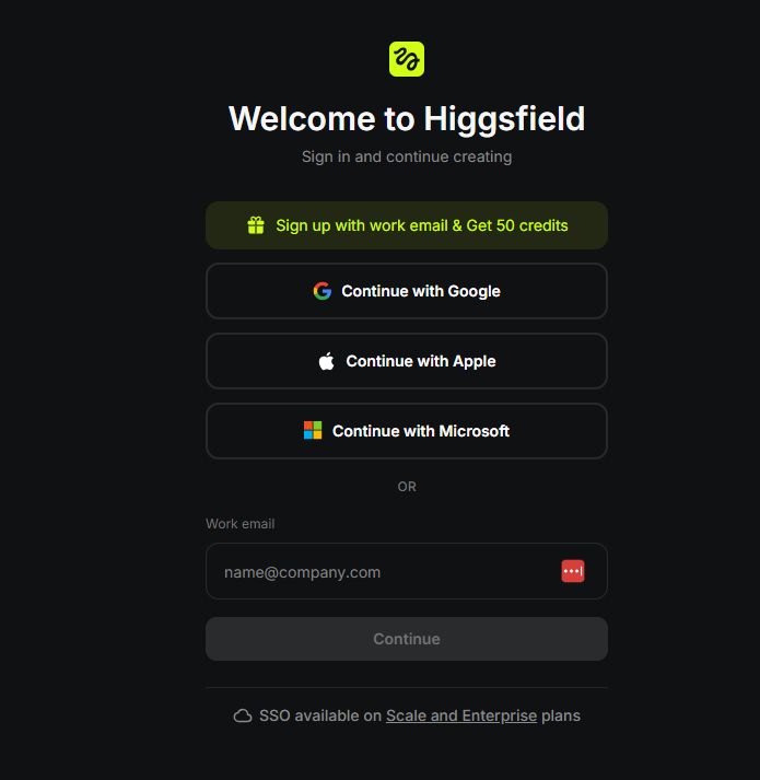 Aanmeldscherm van Higgsfield